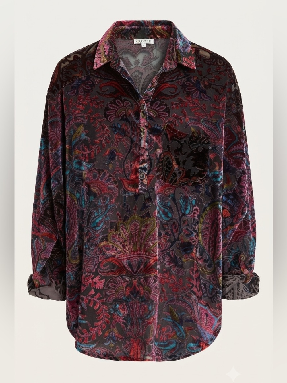 ADORE Burnout Velvet Blouse Large Multicolor Paisley Boho Sheer Top Button Down